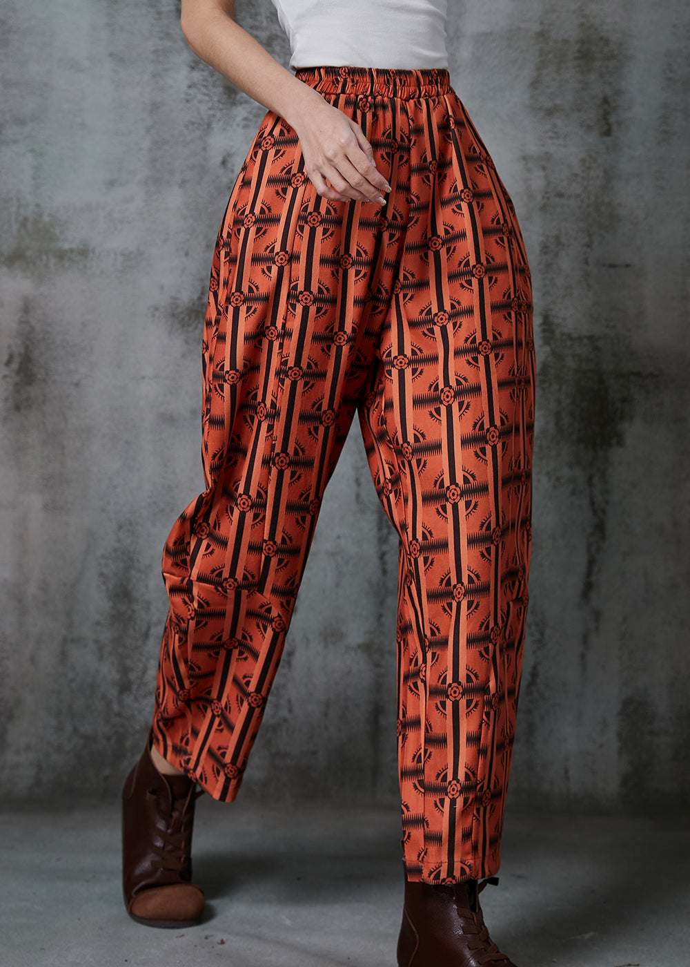 Orange Oversized Print Cotton Pants Summer