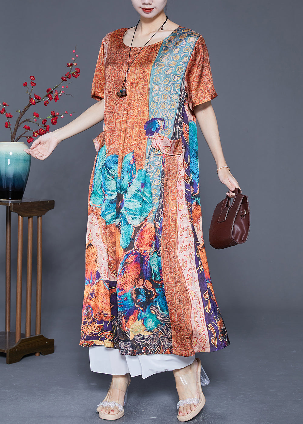 Orange Oversized Print Pockets Silk Vacation Dresses Summer