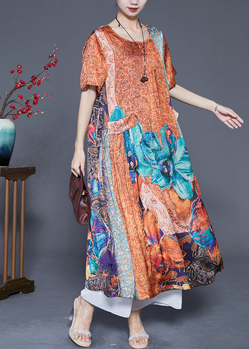 Orange Oversized Print Pockets Silk Vacation Dresses Summer