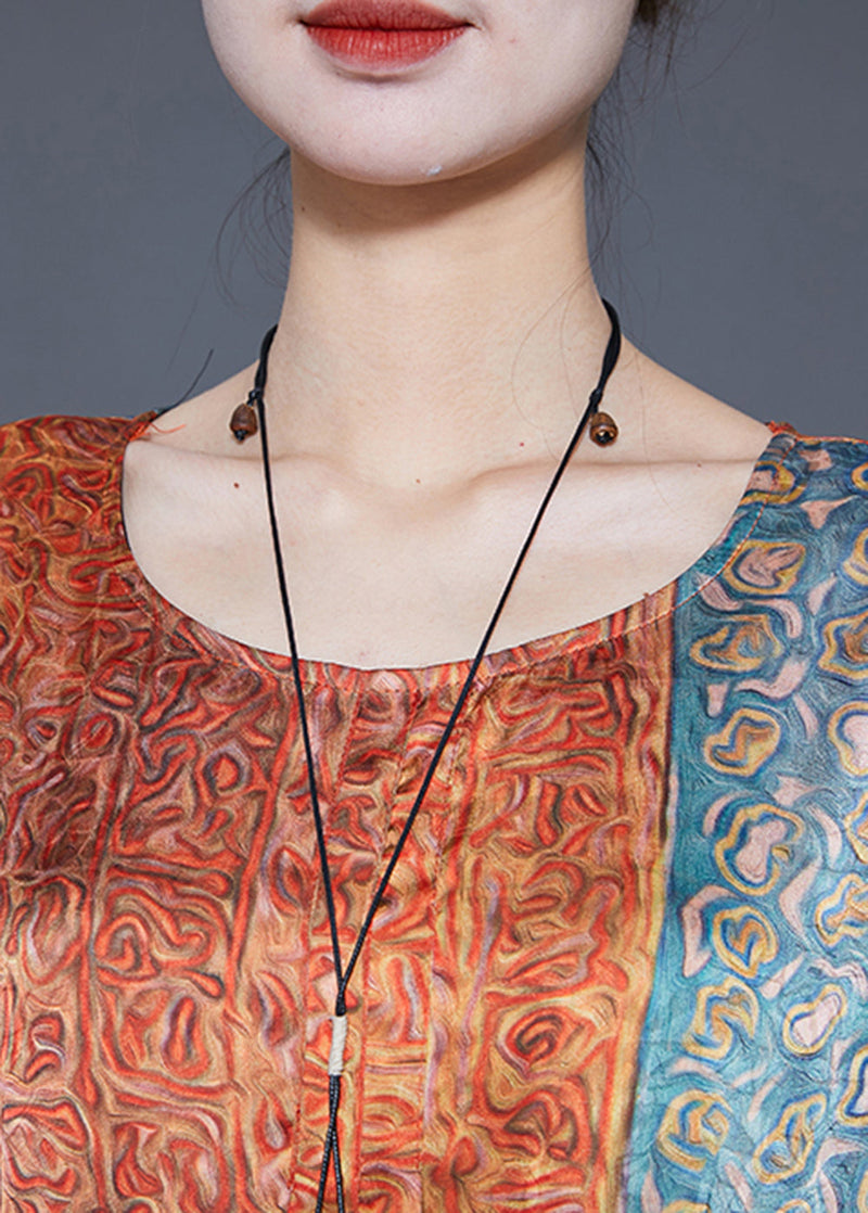 Orange Oversized Print Pockets Silk Vacation Dresses Summer