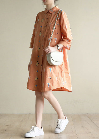 Orange Peter Pan Collar Embroideried Cotton Shirt Dresses Bracelet Sleeve