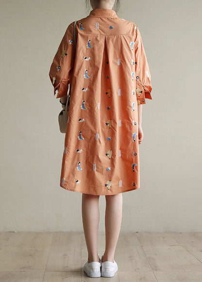 Orange Peter Pan Collar Embroideried Cotton Shirt Dresses Bracelet Sleeve