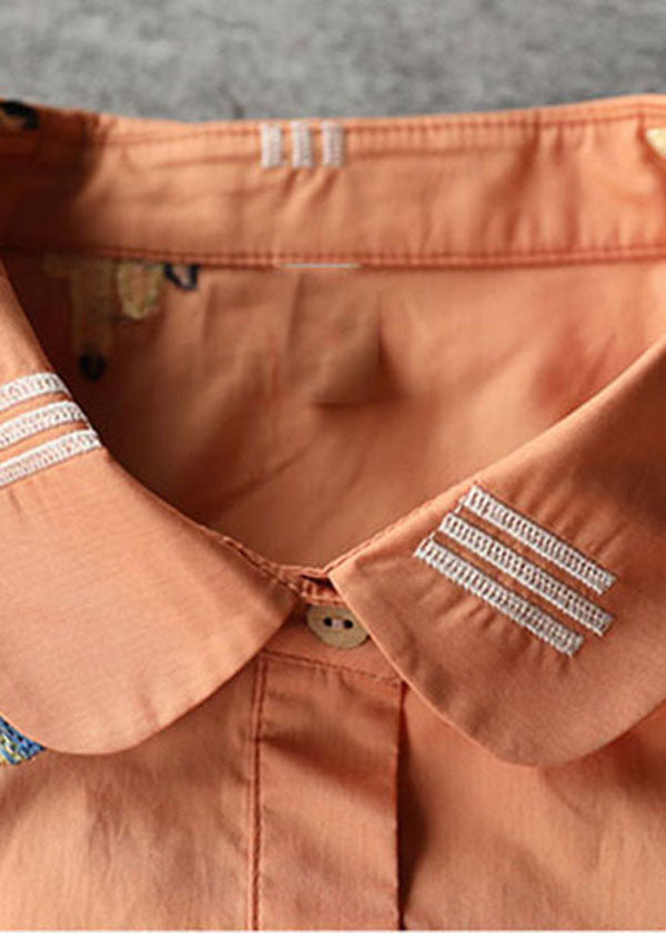 Orange Peter Pan Collar Embroideried Cotton Shirt Dresses Bracelet Sleeve
