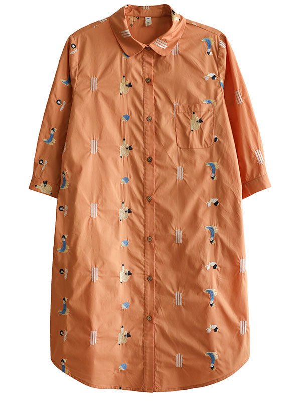 Orange Peter Pan Collar Embroideried Cotton Shirt Dresses Bracelet Sleeve