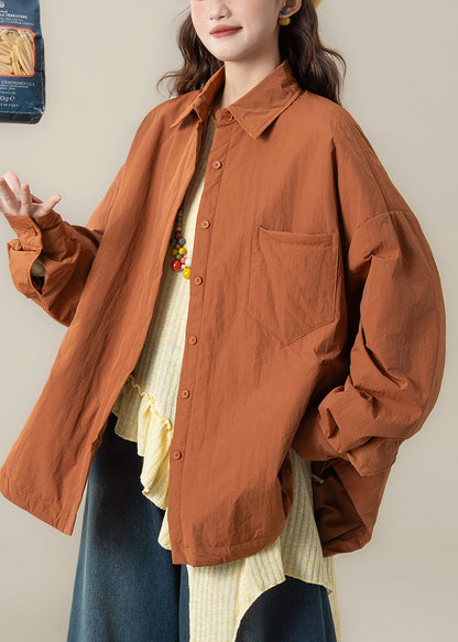 Orange Peter Pan Collar Pockets Cotton Filled Coats Spring