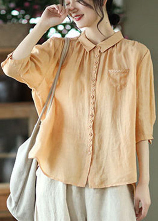 Orange Peter Pan Collar Pockets Linen Shirt Tops Half Sleeve