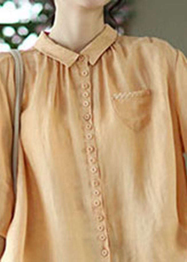 Orange Peter Pan Collar Pockets Linen Shirt Tops Half Sleeve