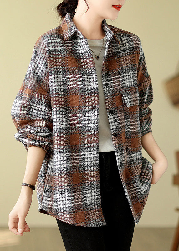 Orange Plaid Peter Pan Collar Woolen Shirts Tops Fall