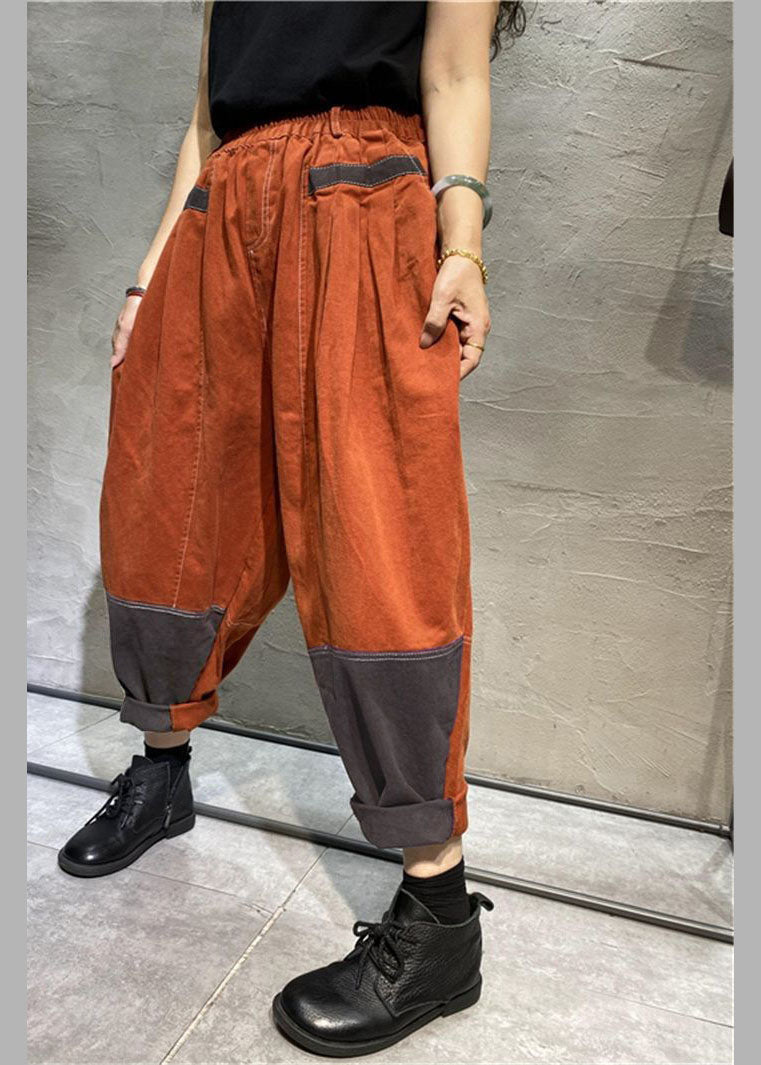 Orange Pockets Cotton Pants Spring