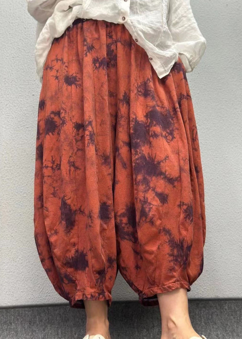 Orange Pockets Print Elastic Waist Linen Lantern Pants Summer