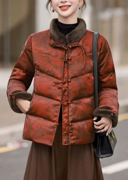 Orange Print Chinese Button Duck Down Winter Coats Winter