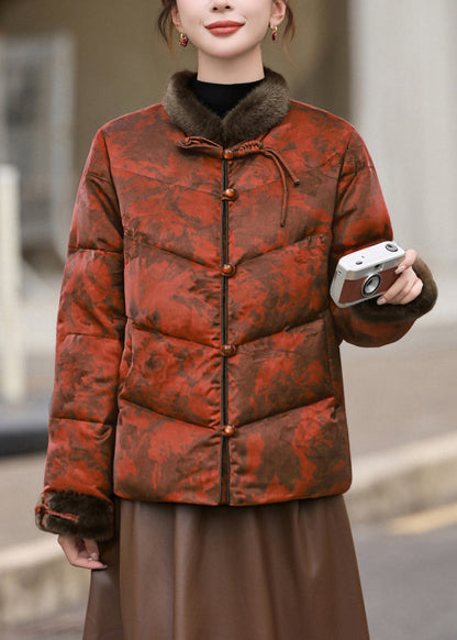 Orange Print Chinese Button Duck Down Winter Coats Winter