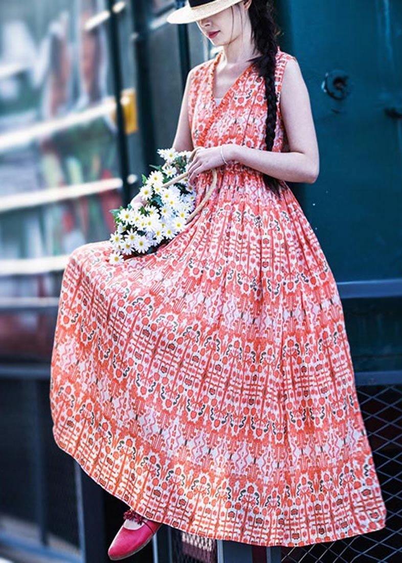 Orange Print Cinched Ruffled Summer Linen Dress