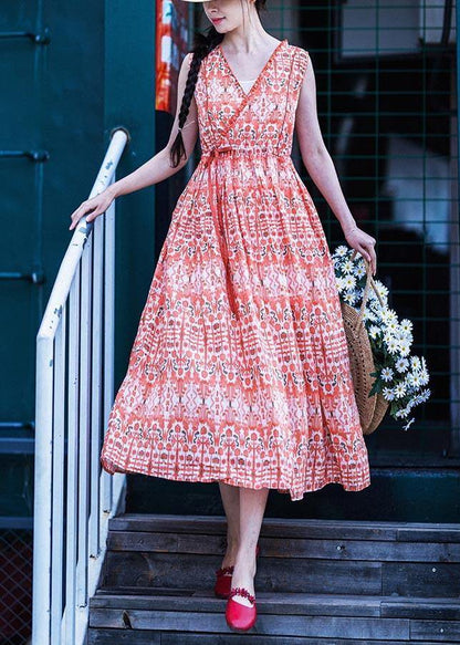 Orange Print Cinched Ruffled Summer Linen Dress
