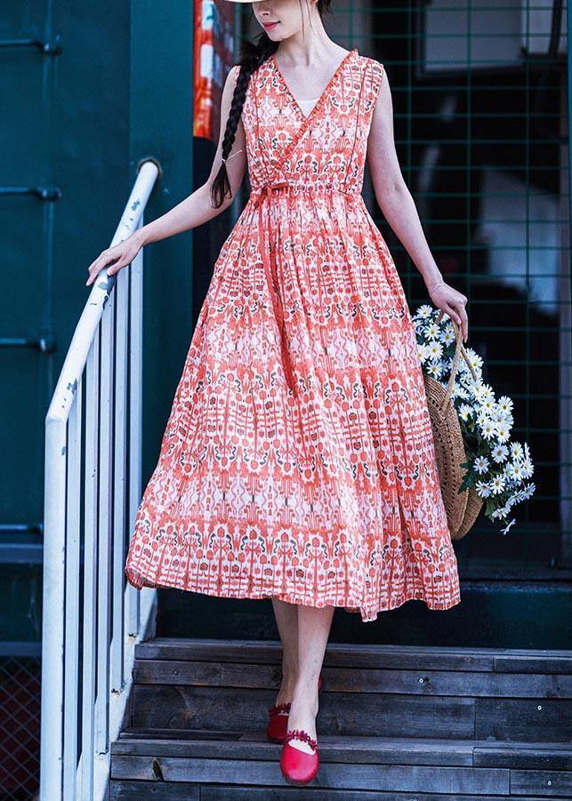 Orange Print Cinched Ruffled Summer Linen Dress