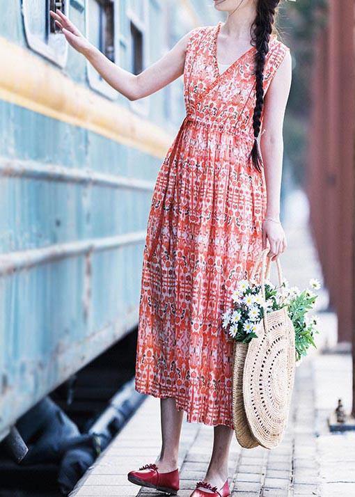 Orange Print Cinched Ruffled Summer Linen Dress