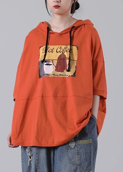 Orange Print Cotton Sweatshirts Top