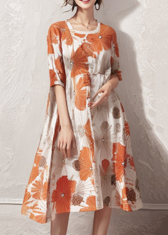 Orange Print High Waist Cotton Dresses Half Sleeve