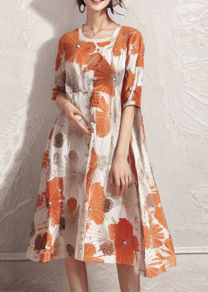 Orange Print High Waist Cotton Dresses Half Sleeve