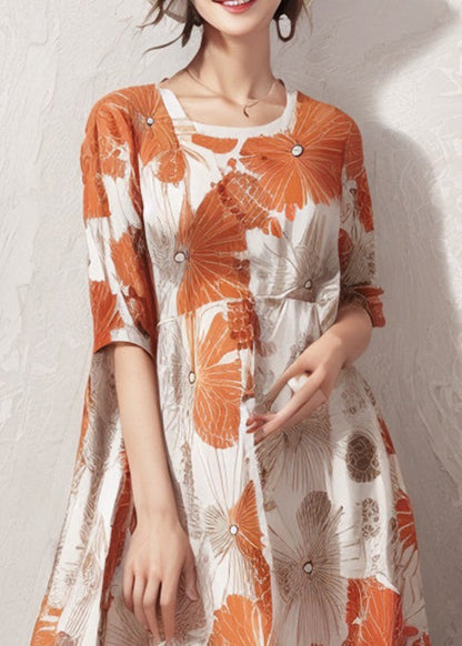 Orange Print High Waist Cotton Dresses Half Sleeve