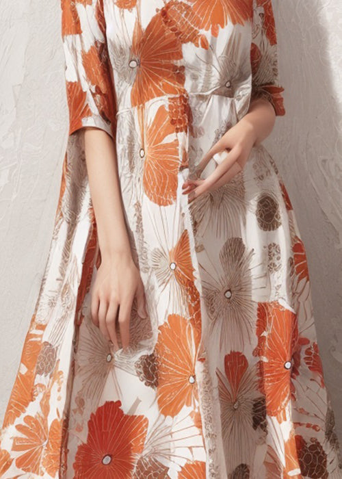 Orange Print High Waist Cotton Dresses Half Sleeve
