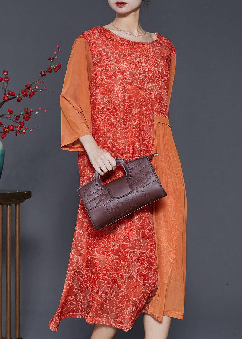 Orange Print Patchwork Silk Long Dress Bracelet Sleeve