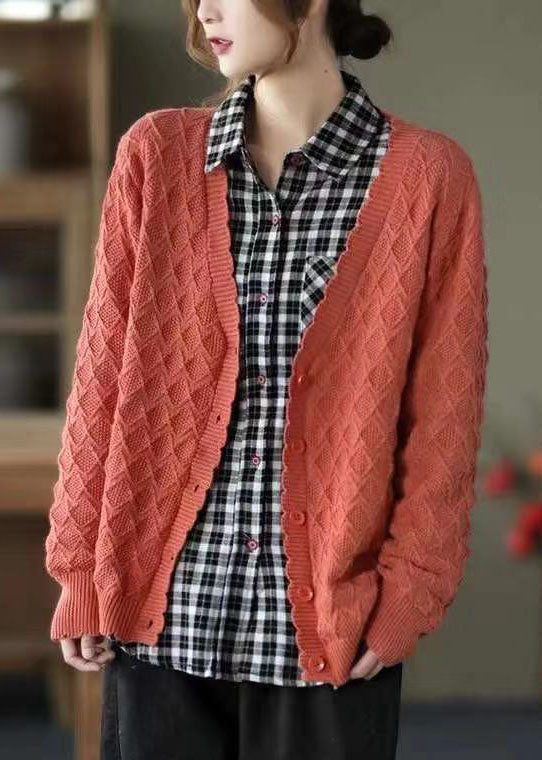 Orange Red V Neck Button Fall Knit Sweater Coat