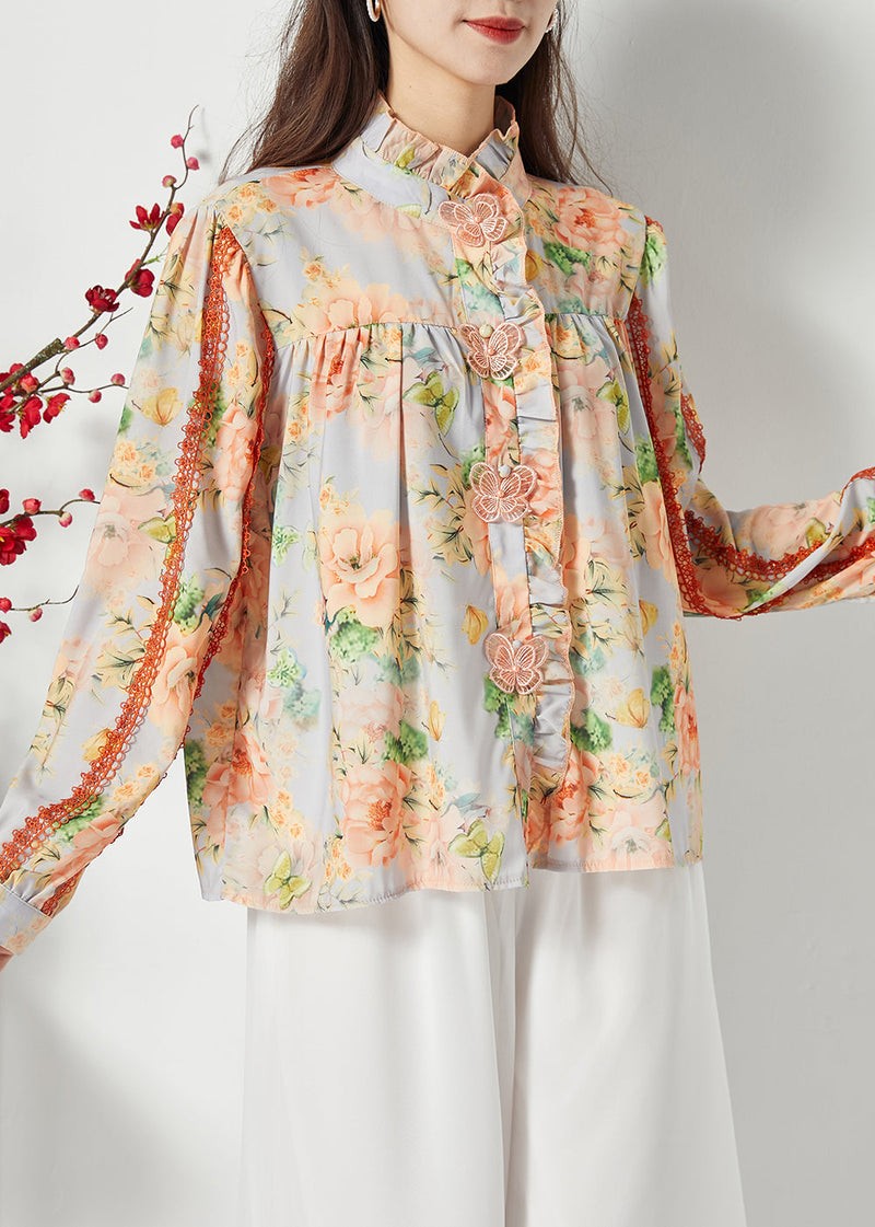Orange Ruffled Print Chiffon Shirt Top Spring
