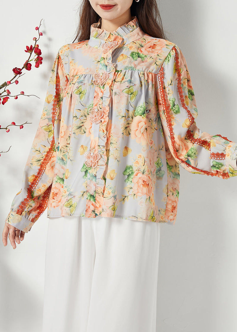 Orange Ruffled Print Chiffon Shirt Top Spring
