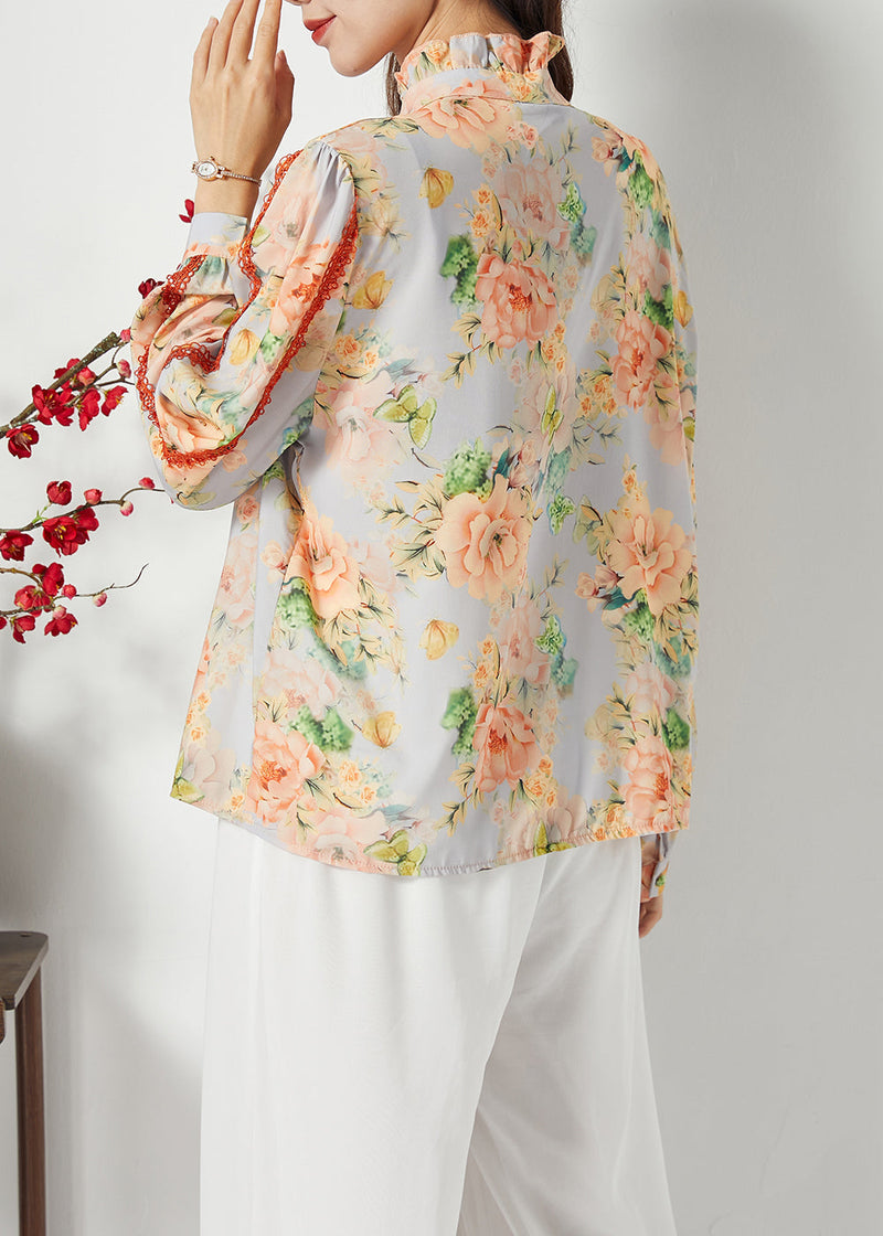 Orange Ruffled Print Chiffon Shirt Top Spring