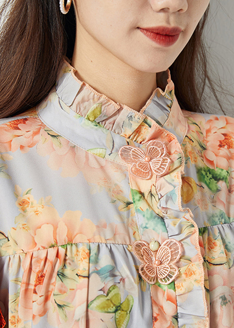 Orange Ruffled Print Chiffon Shirt Top Spring
