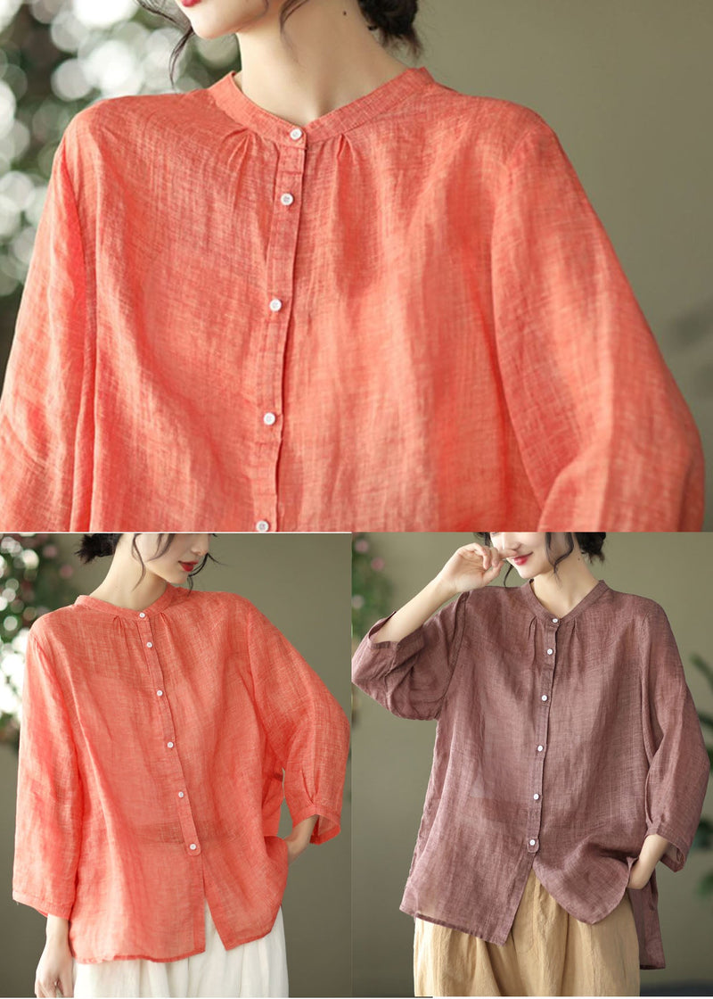 Orange Stand Collar Linen Blouse Top Bracelet Sleeve