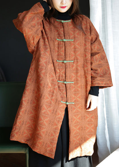 Orange Stand Collar Print Button Warm Fleece Linen Parkat Winter
