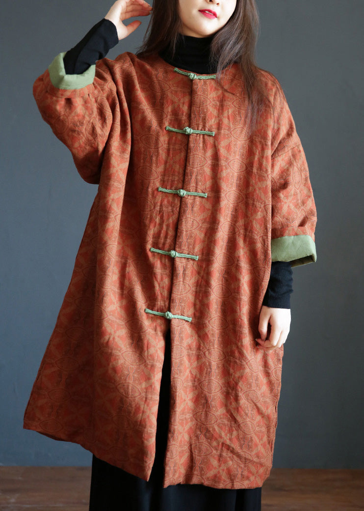 Orange Stand Collar Print Button Warm Fleece Linen Parkat Winter