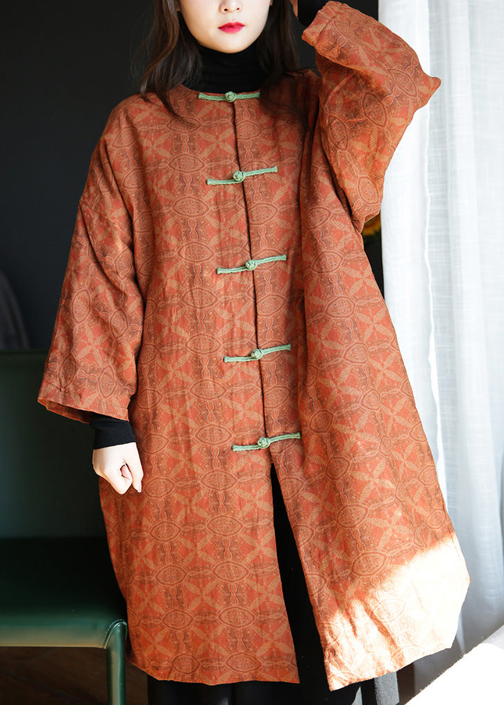 Orange Stand Collar Print Button Warm Fleece Linen Parkat Winter