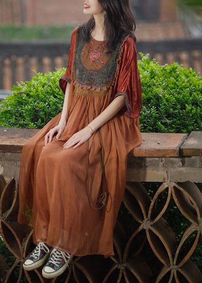 Orange Tasseled Embroideried Patchwork Silk Long Dresses Summer