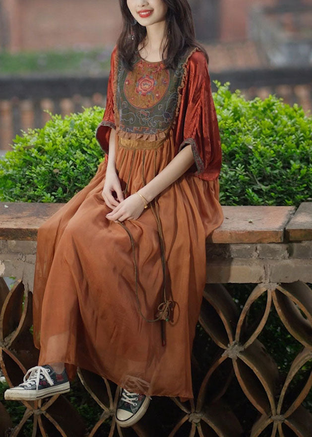 Orange Tasseled Embroideried Patchwork Silk Long Dresses Summer