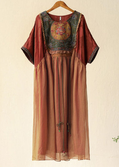 Orange Tasseled Embroideried Patchwork Silk Long Dresses Summer