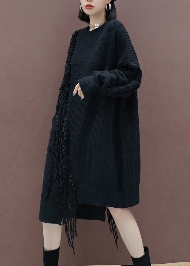 Orange Tasseled Patchwork Knit Knit Sweater Dress Winter
