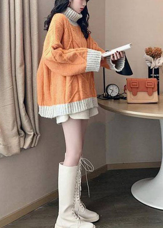 Orange Turtle Neck Patchwork Knit Knitted Tops Winter