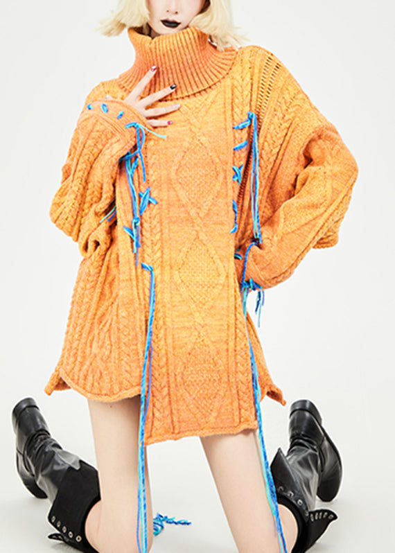 Orange Turtleneck Patchwork Cozy Thick Knit Sweaters Fall