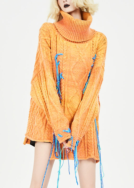 Orange Turtleneck Patchwork Cozy Thick Knit Sweaters Fall