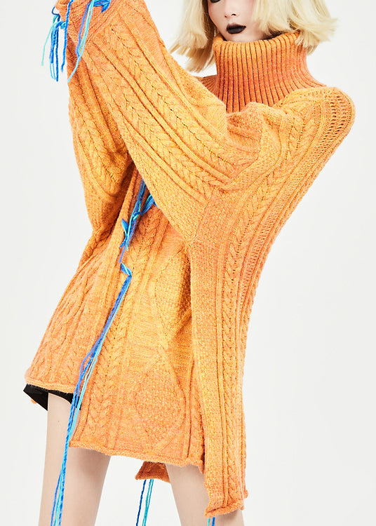 Orange Turtleneck Patchwork Cozy Thick Knit Sweaters Fall