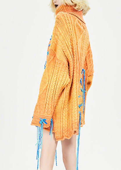Orange Turtleneck Patchwork Cozy Thick Knit Sweaters Fall