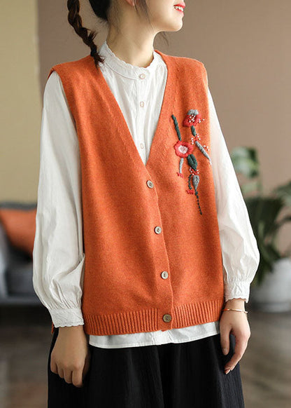 Orange V Neck Embroideried Knit Vest Spring