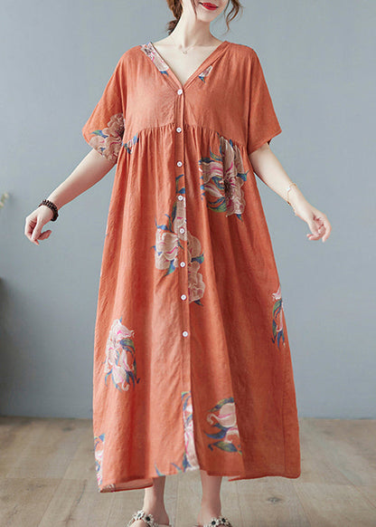 Orange V Neck Maxi Dress Short Sleeve