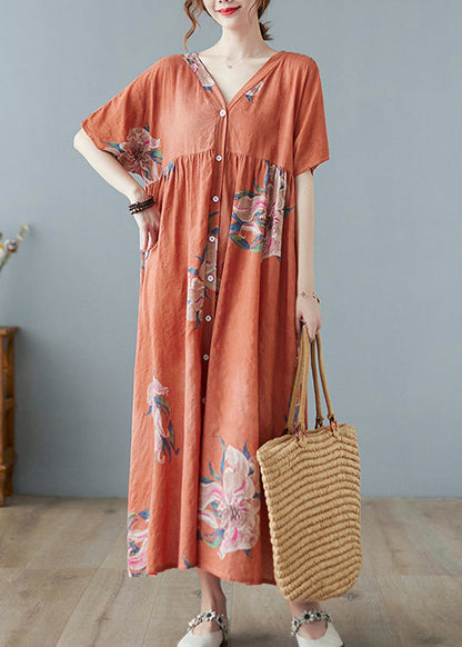 Orange V Neck Maxi Dress Short Sleeve
