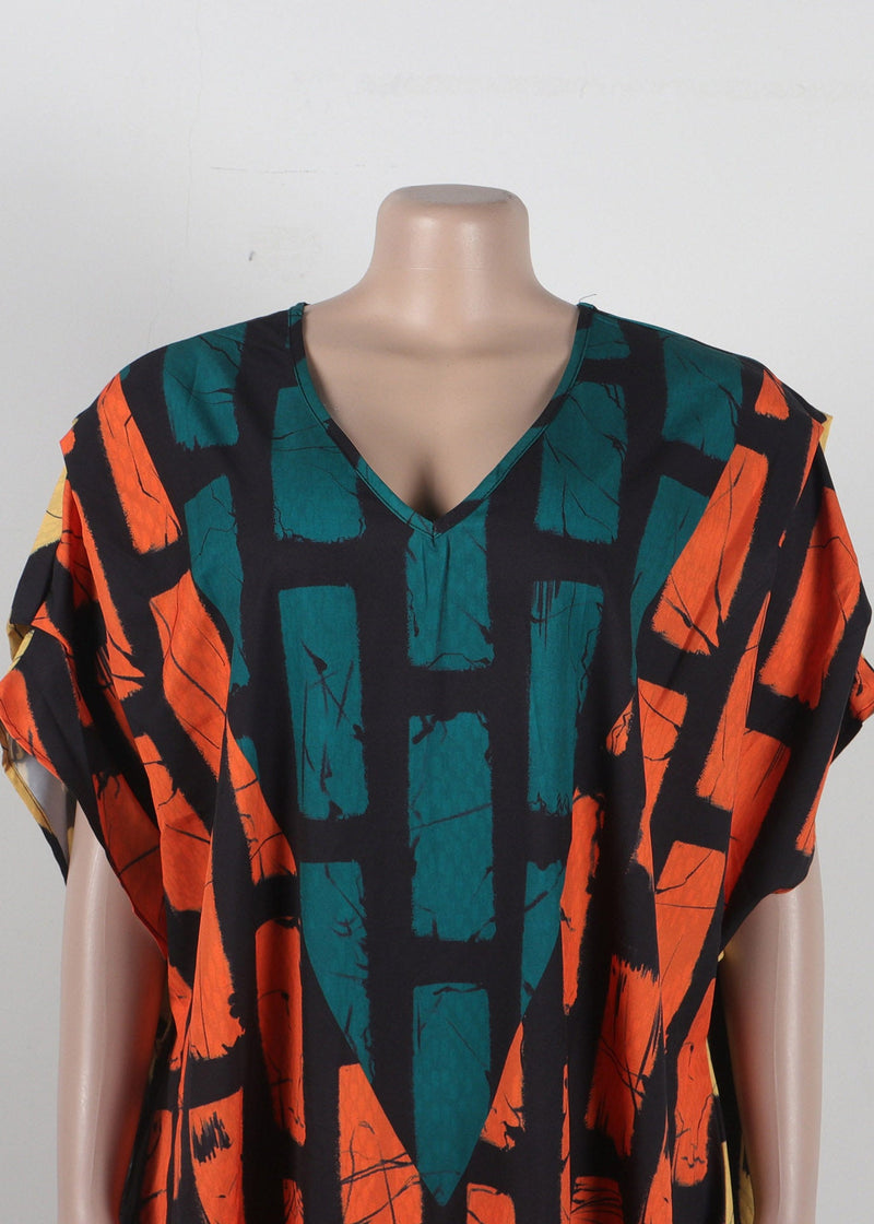 Orange V Neck Plaid Holiday Long Dress Summer