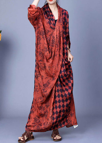 Orange V Neck Plaid Silk Long Dress Long Sleeve