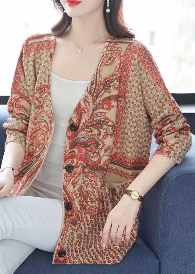 Orange V Neck Print Button Mink Hair Knitted Coat Fall